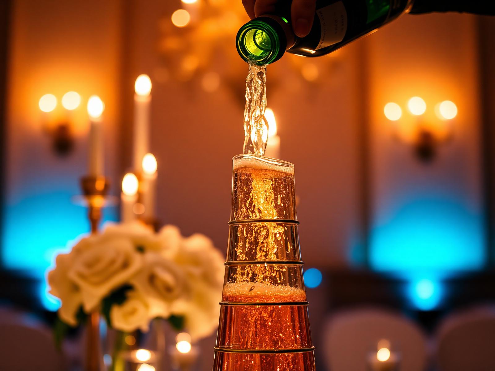 Warmly lit celebration with champagne being poured, ivory florals in the foreground