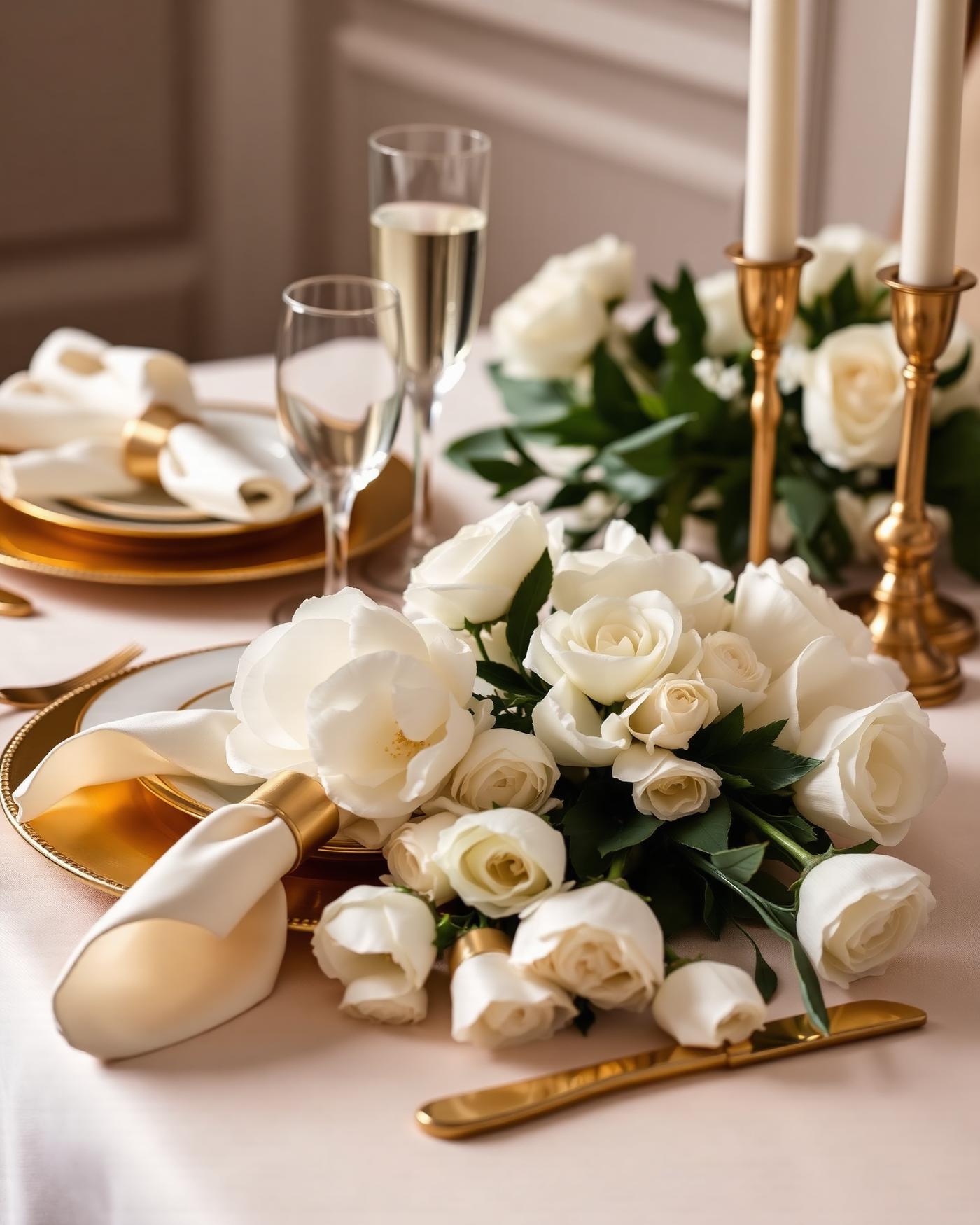 Editorial luxury table setting with gold-rimmed plates and white roses