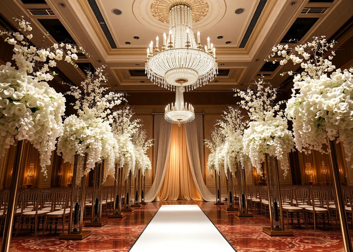 Grand ballroom with tall floral installations and crystal chandeliers