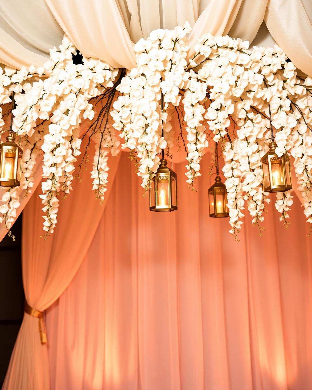 Hanging orchid mandap with brass lanterns and warm candlelight