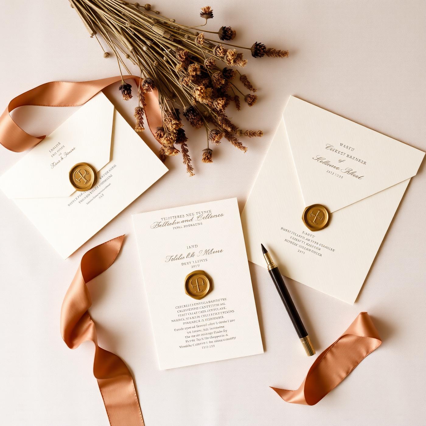 Flat-lay of gold-foil letterpress wedding stationery with wax seals