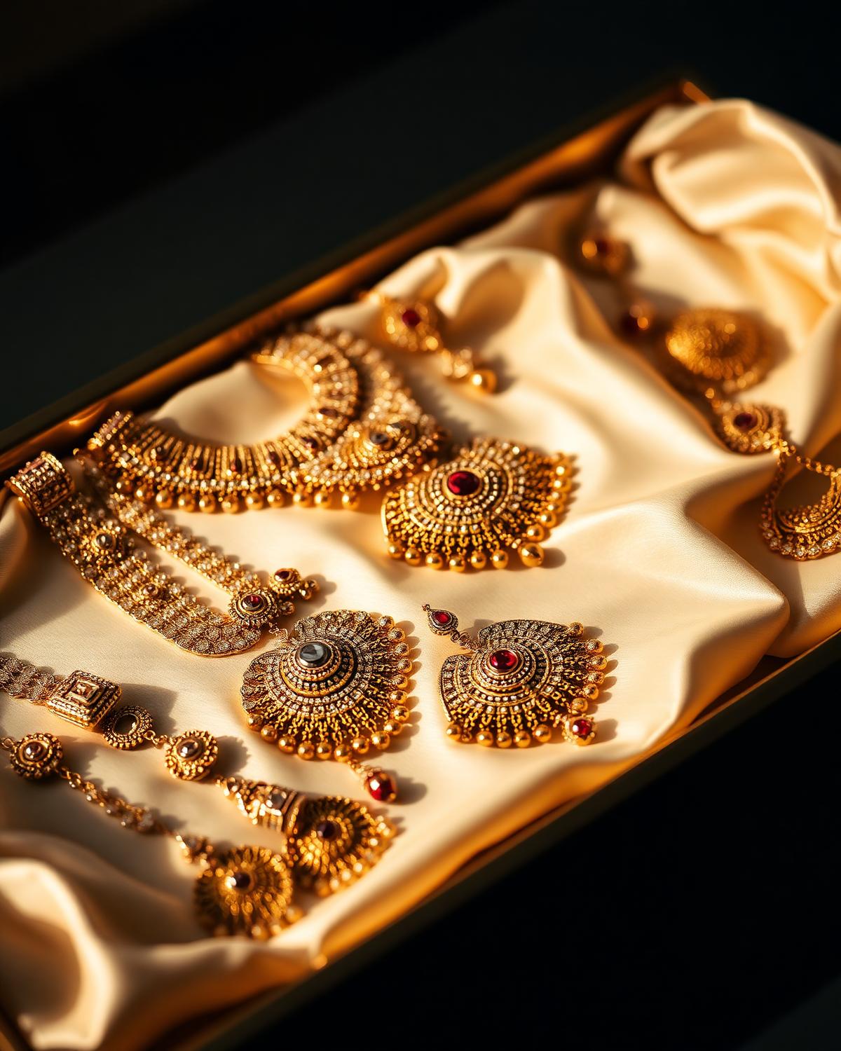 Fine gold bridal jewelry on ivory silk