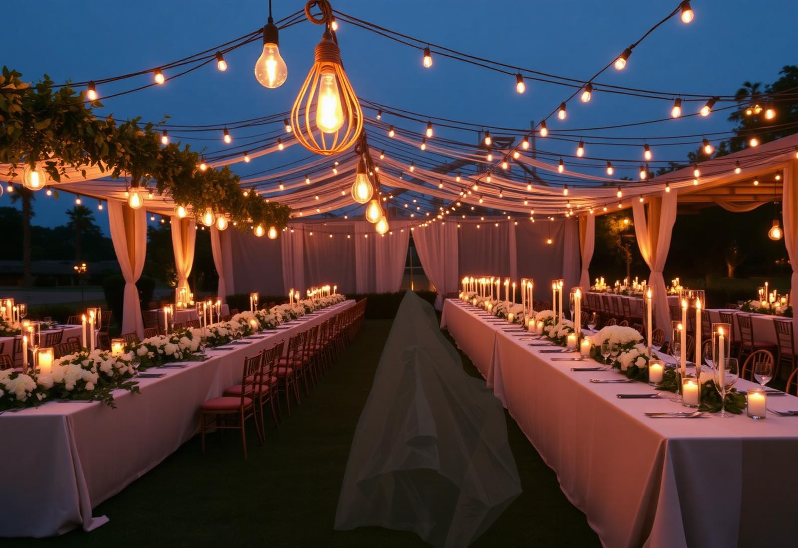 Outdoor reception at dusk with edison-bulb canopy and long candlelit tables